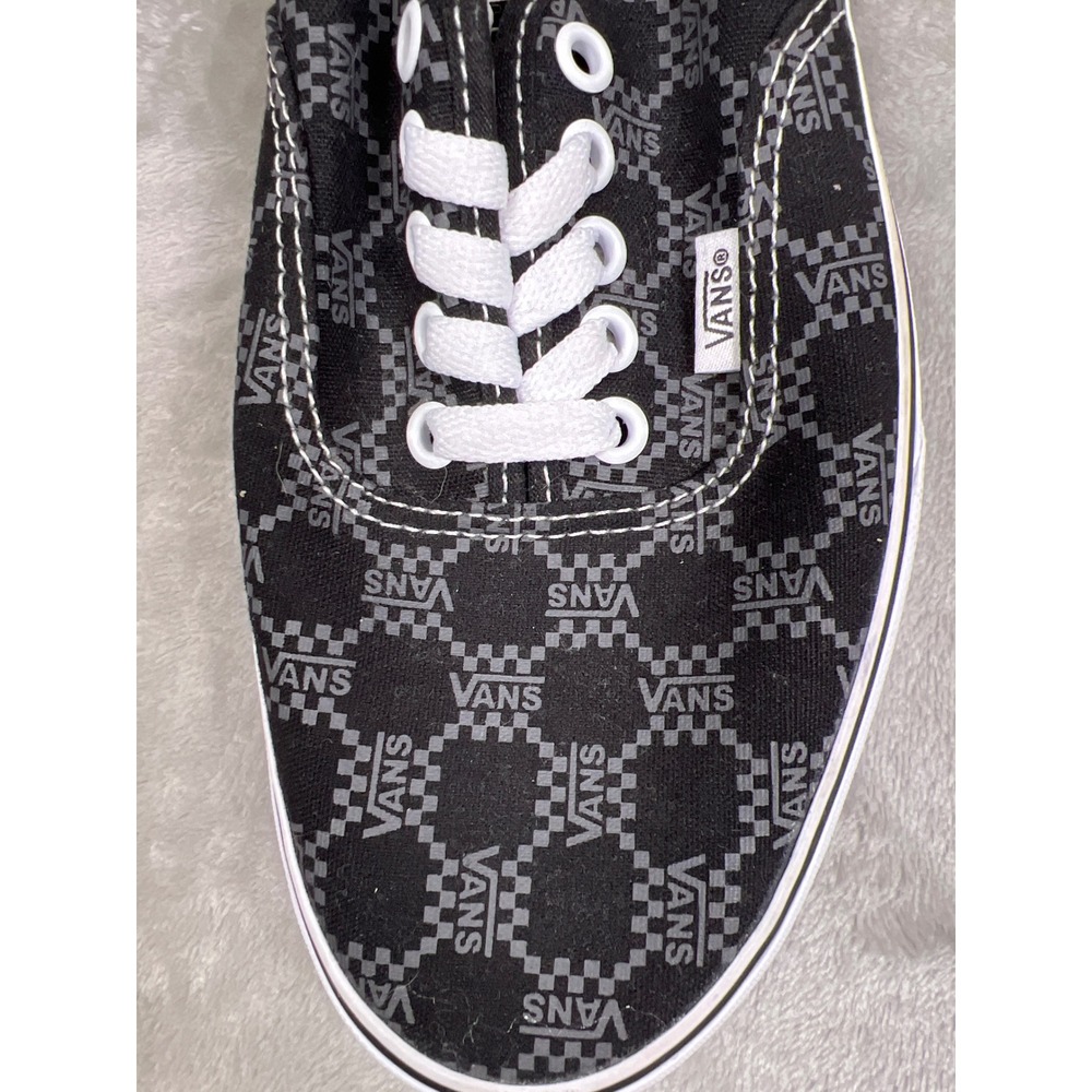 Vans Authentic Mens 9 Womens 10.5 Black Gray Logo Checkerboard Canvas Sneakers